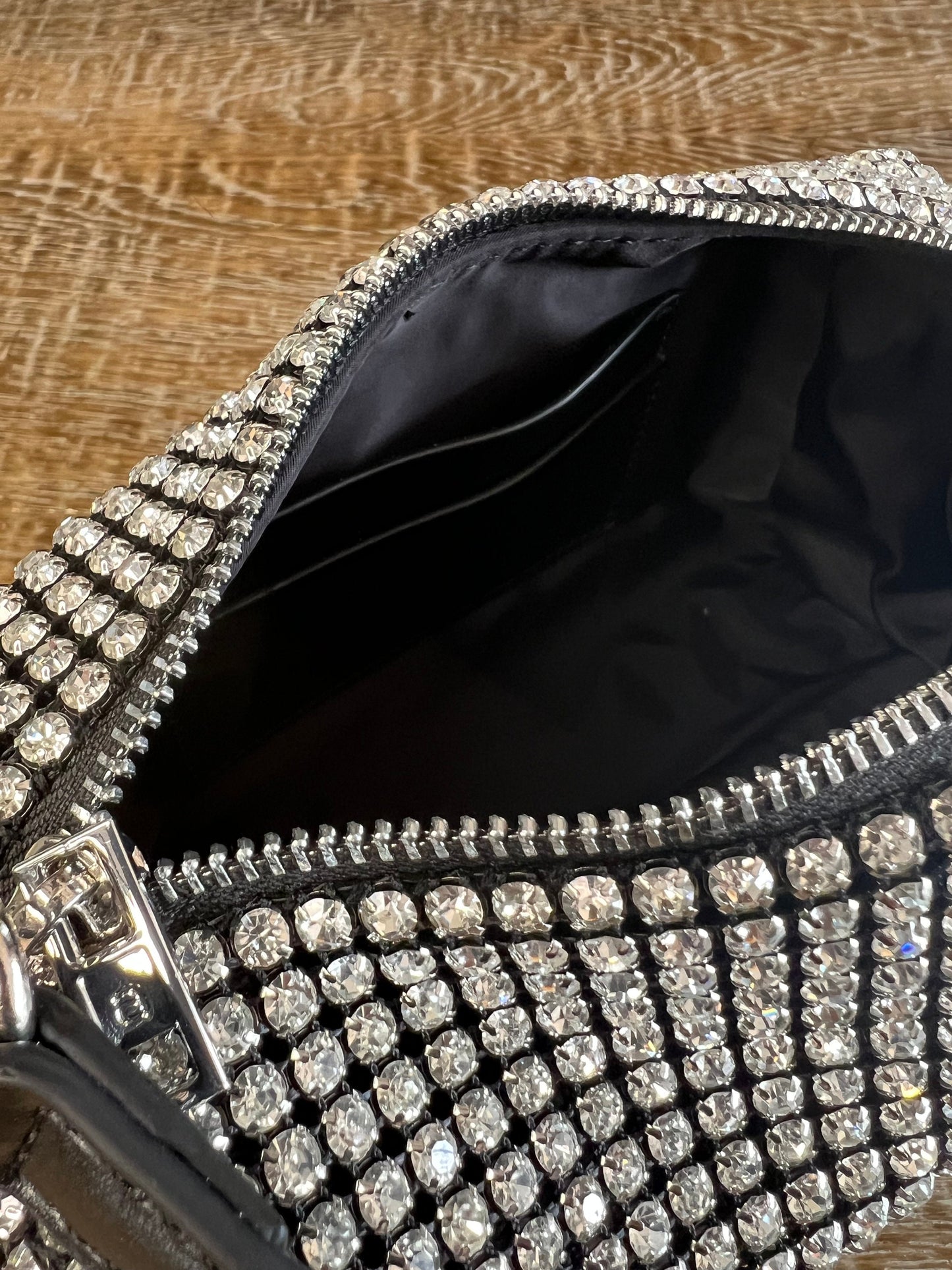 Rhinestone Black Satin Clutch Handbag, Detachable Silver Rope Chain