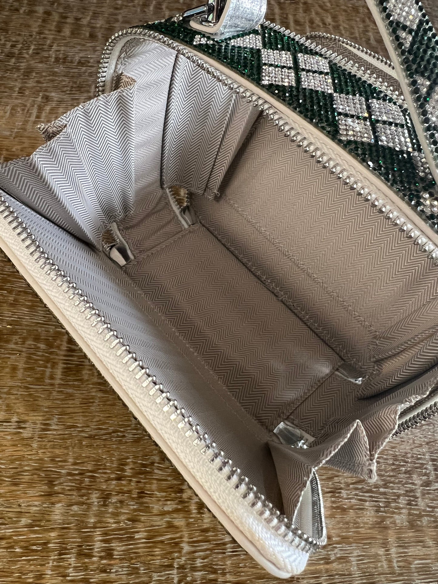 Green Silver Chequered Diamante Handbag, Long handle Double Sided, Elegant