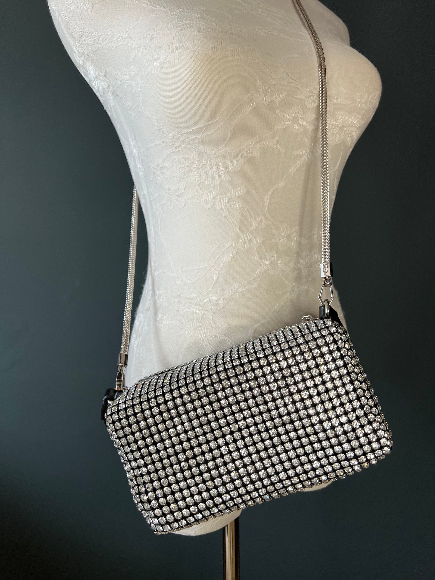 Rhinestone Black Satin Clutch Handbag, Detachable Silver Rope Chain