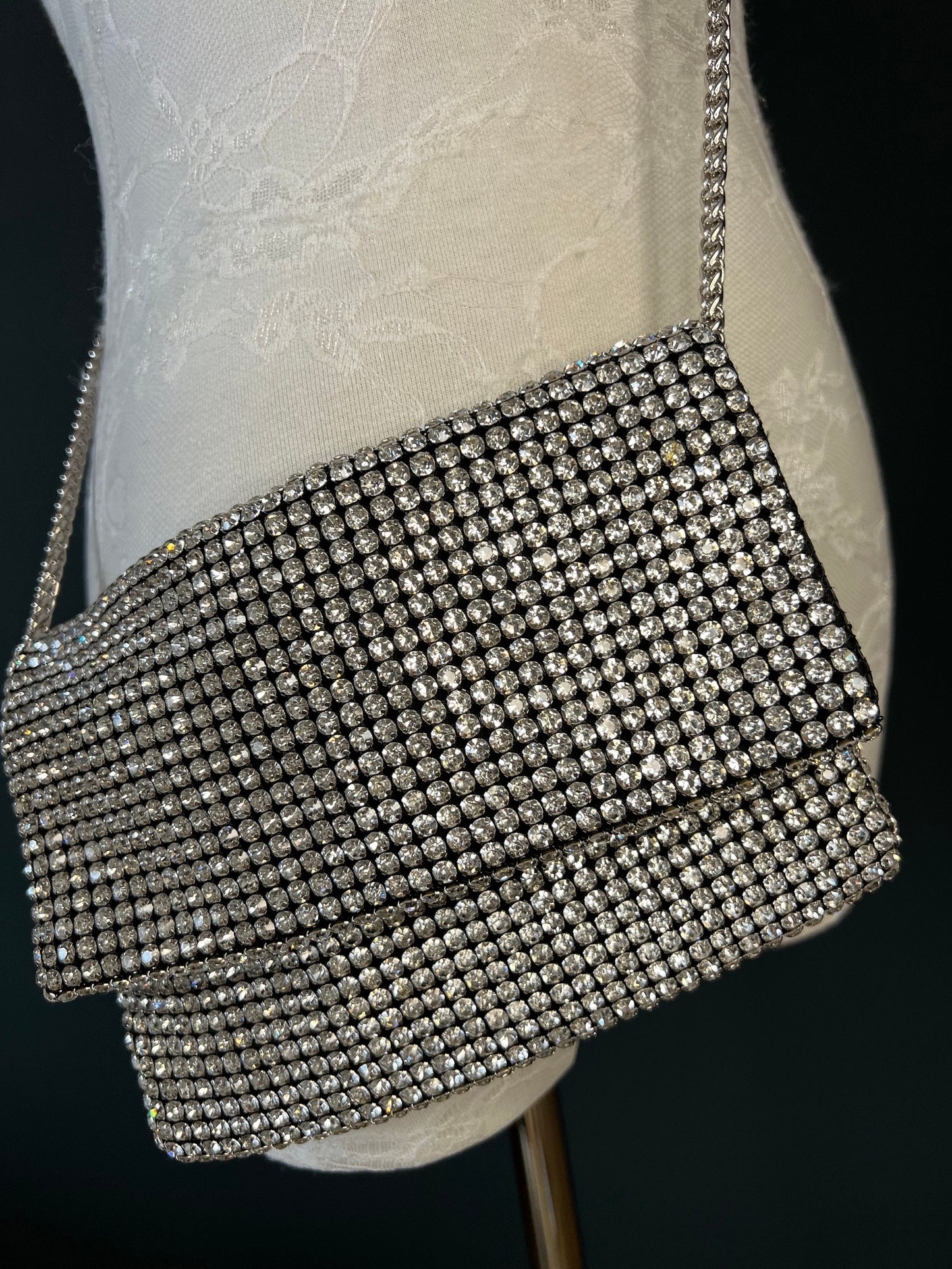 Rhinestone Black Satin Clutch Handbag, Detachable Silver Rope Chain