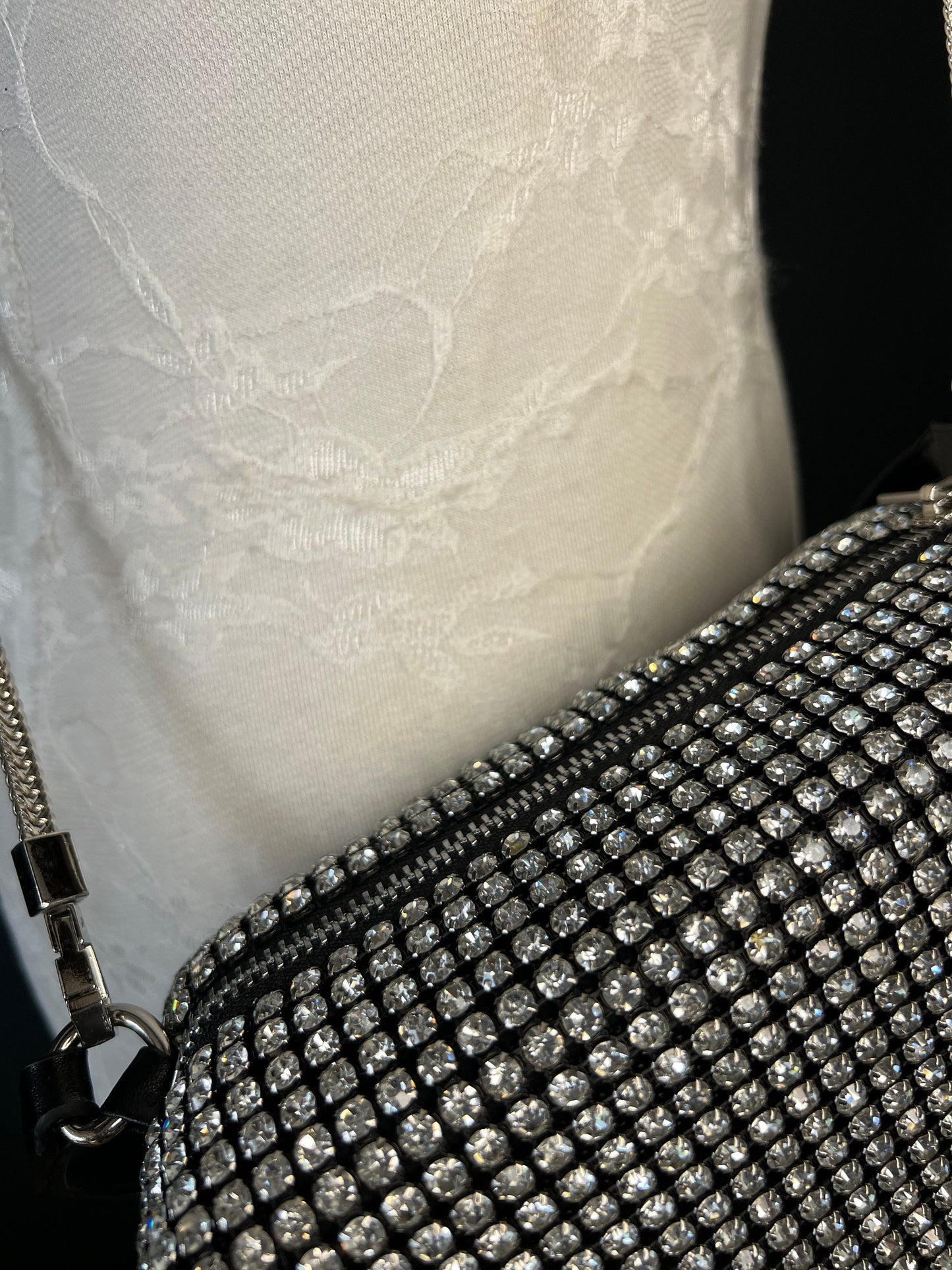 Rhinestone Black Satin Clutch Handbag, Detachable Silver Rope Chain