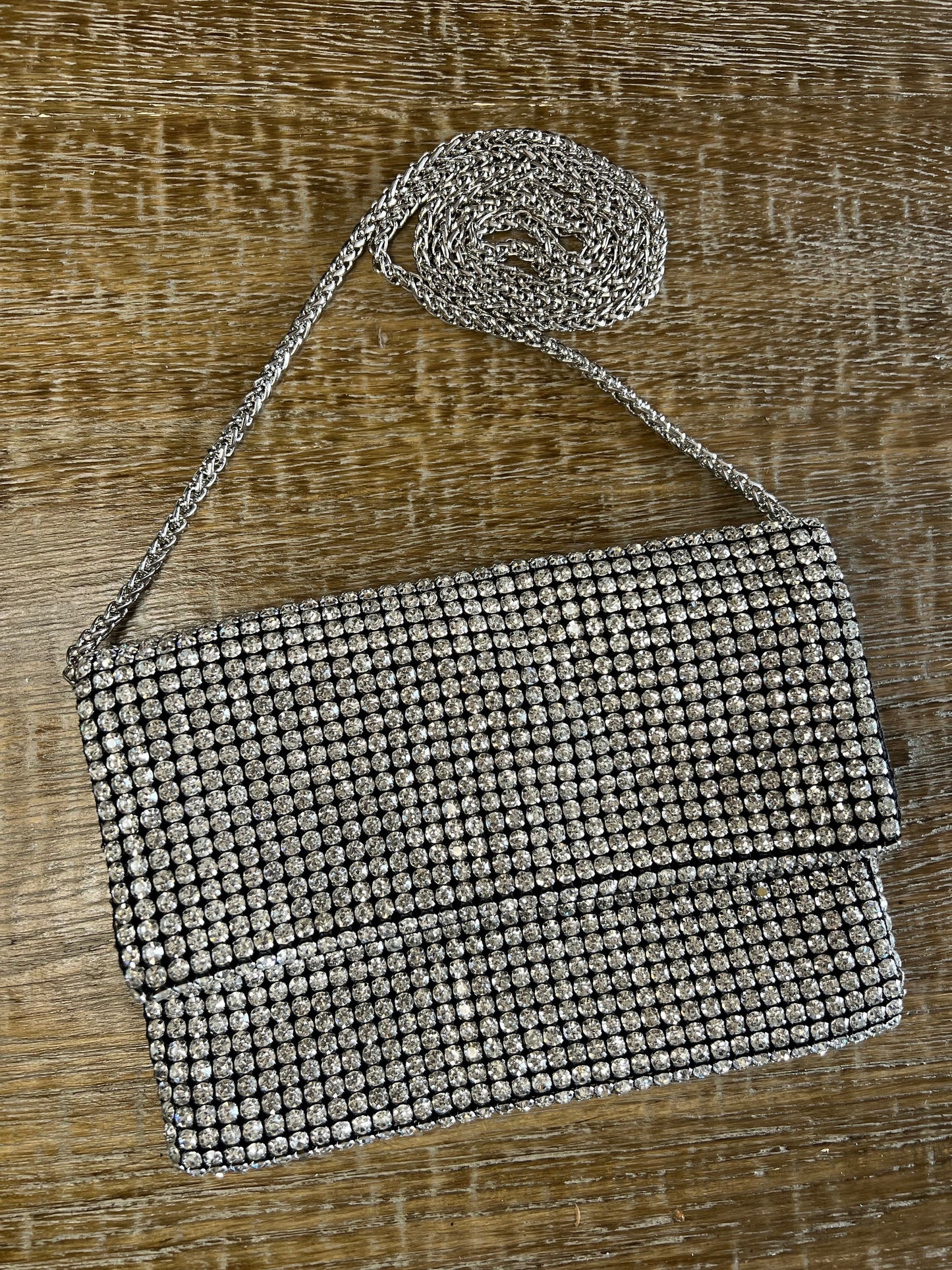 Rhinestone Black Satin Clutch Handbag, Detachable Silver Rope Chain