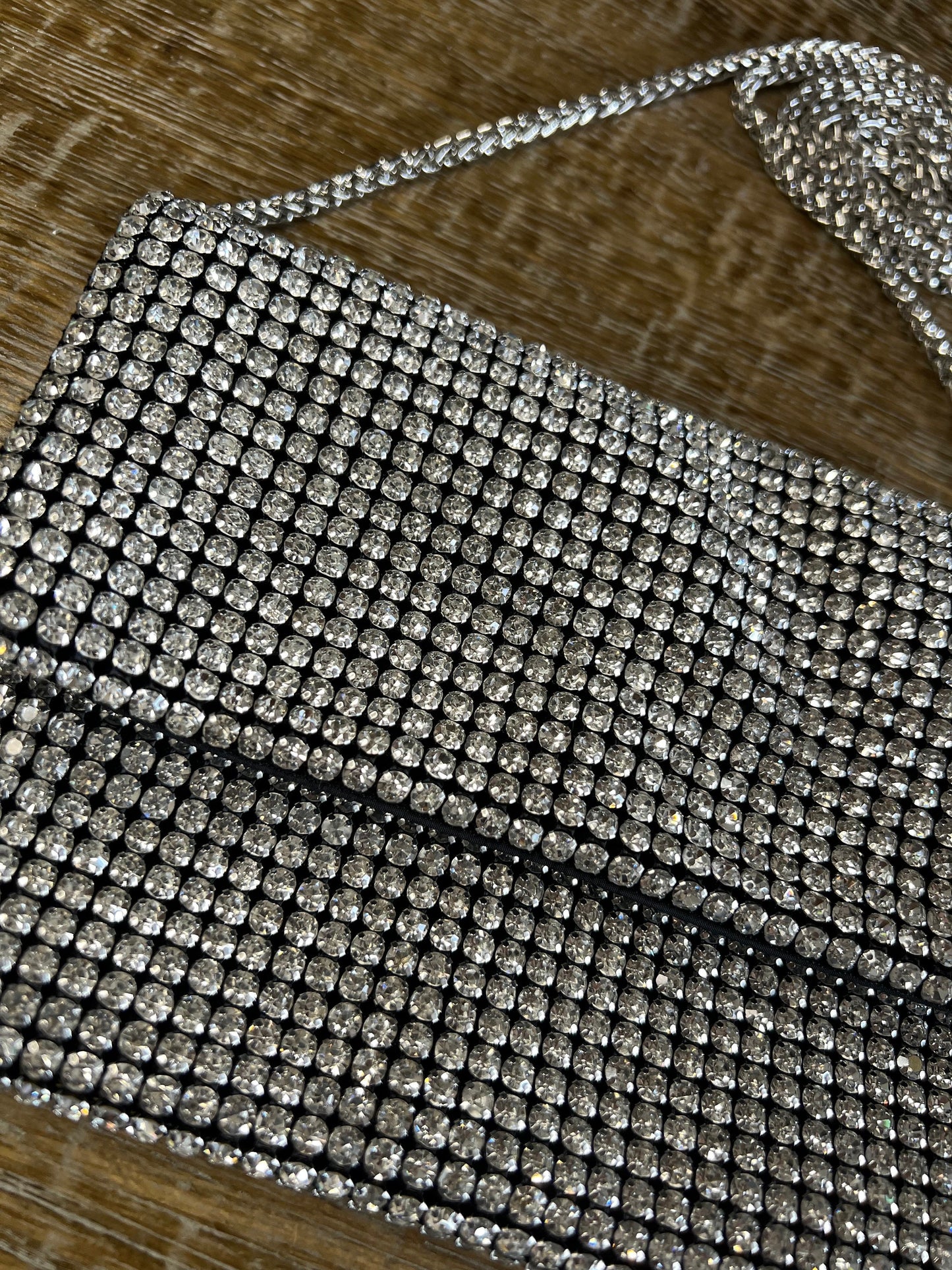 Rhinestone Black Satin Clutch Handbag, Detachable Silver Rope Chain