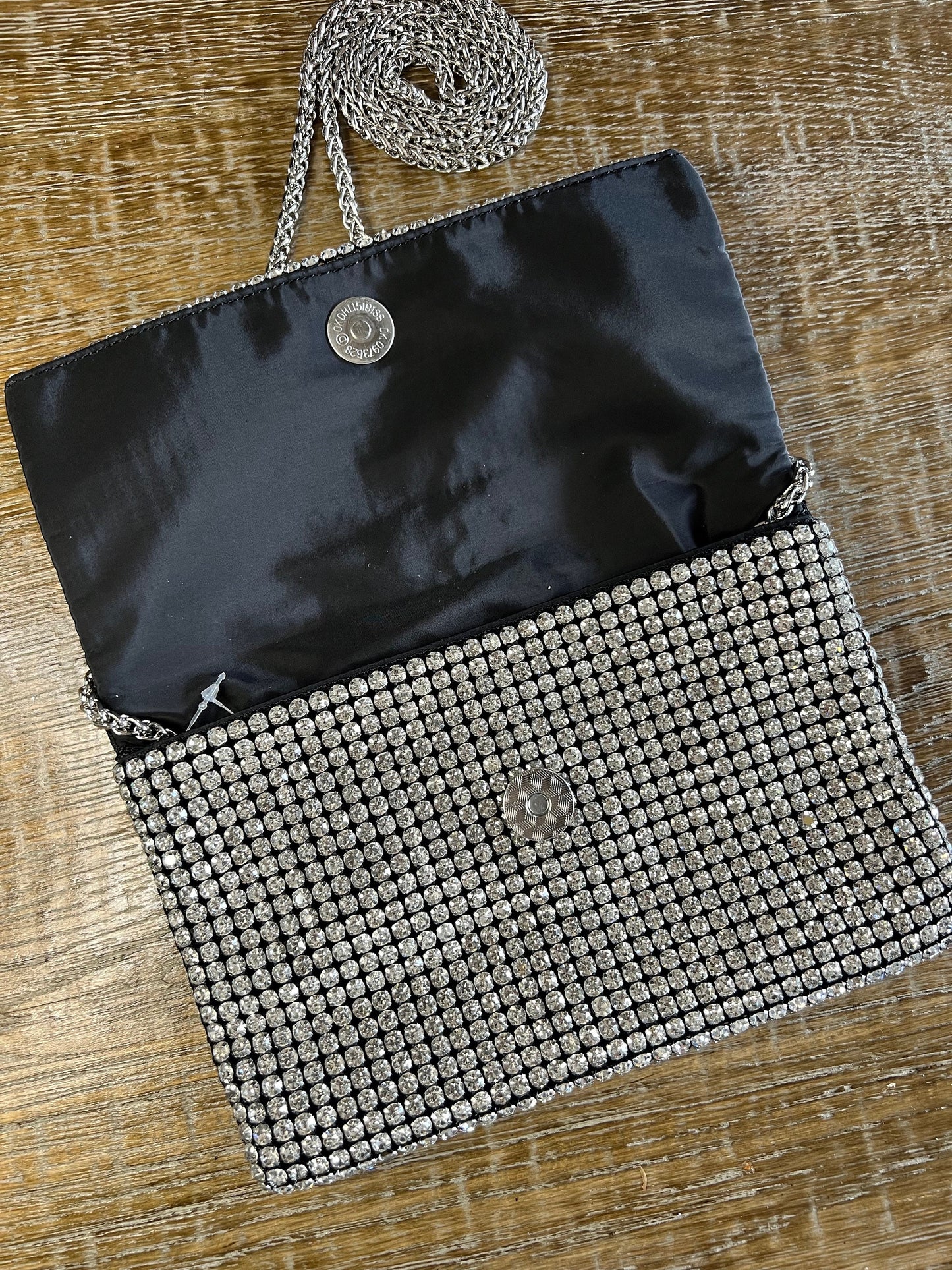 Rhinestone Black Satin Clutch Handbag, Detachable Silver Rope Chain