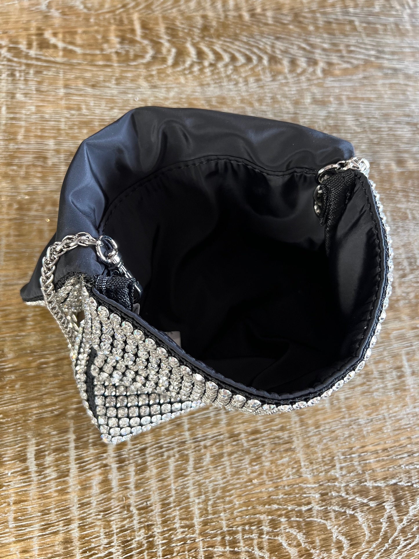 Rhinestone Black Satin Clutch Handbag, Detachable Silver Rope Chain