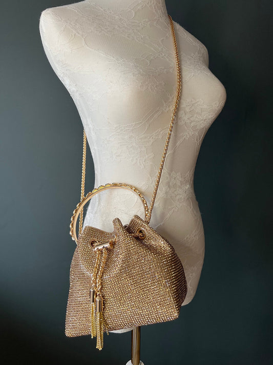 Rhinestone Handbag, Jewel Bucket Bag, Handmade Rhinestone Diamanté Handbag, Silver, Gold, Crystal Mesh Bag with Crystal Handle, Satin Lining