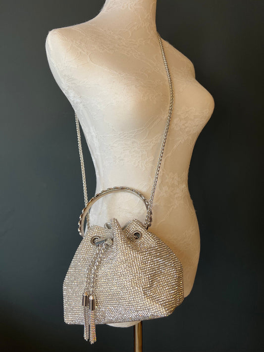 Rhinestone Handbag, Jewel Bucket Bag, Handmade Rhinestone Diamanté Handbag, Silver, Gold, Crystal Mesh Bag with Crystal Handle, Satin Lining