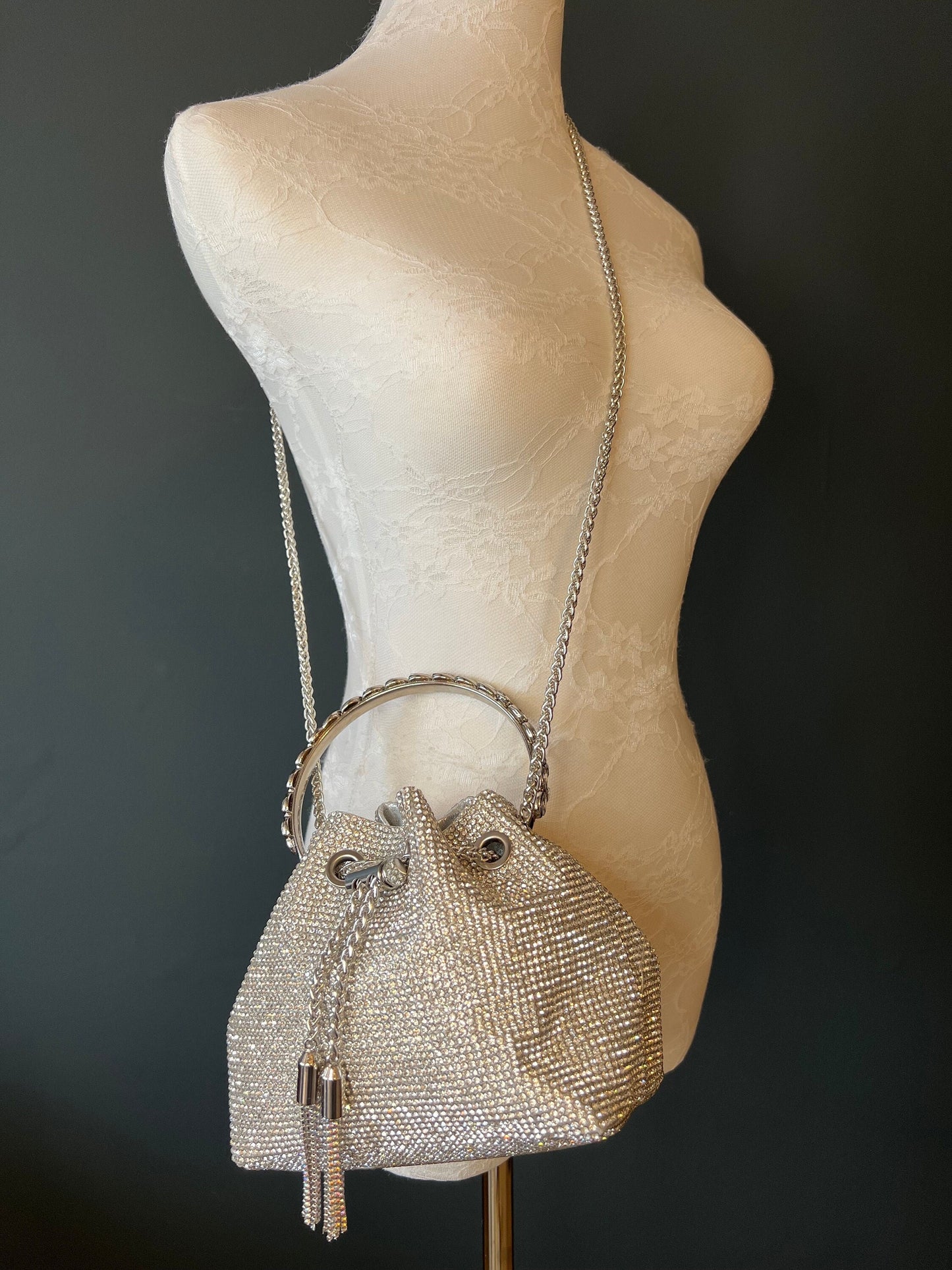 Rhinestone Handbag, Jewel Bucket Bag, Handmade Rhinestone Diamanté Handbag, Silver, Gold, Crystal Mesh Bag with Crystal Handle, Satin Lining
