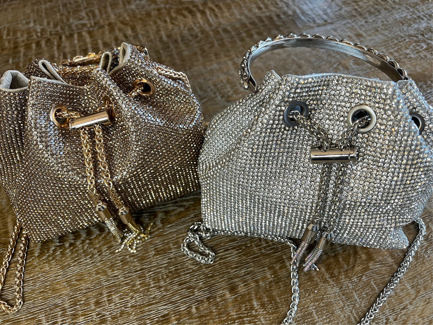 Rhinestone Handbag, Jewel Bucket Bag, Handmade Rhinestone Diamanté Handbag, Silver, Gold, Crystal Mesh Bag with Crystal Handle, Satin Lining