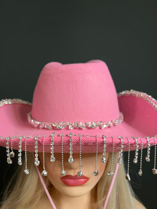 Rhinestone Hat, Fringe Hat, Hen, Party, Cowboy Hat, Pink White