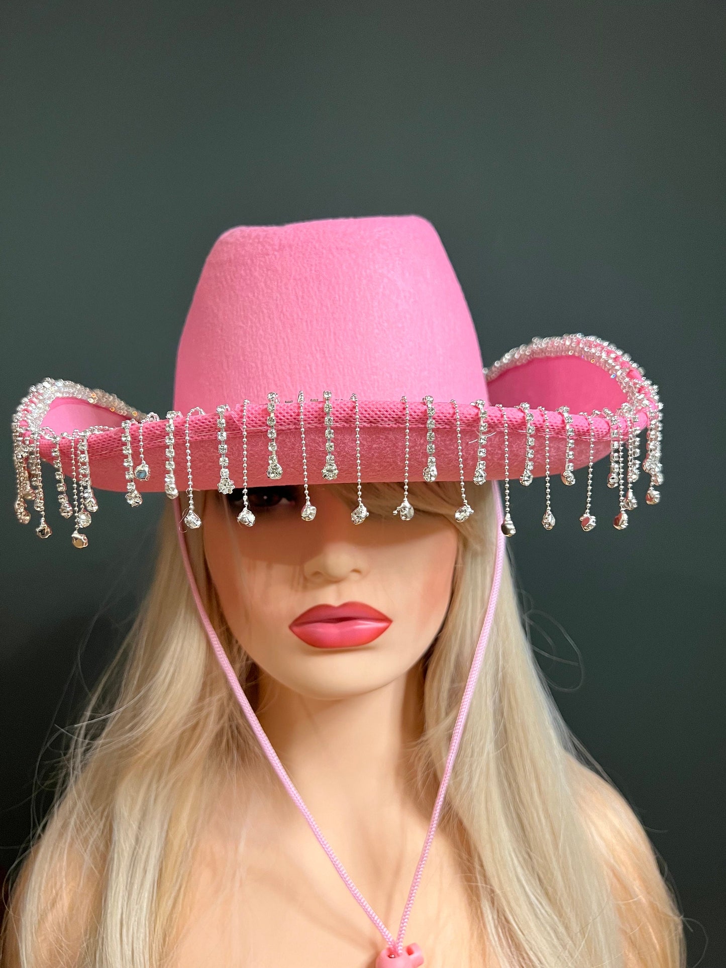 Rhinestone Hat, Fringe Hat, Hen, Party, Cowboy Hat, Pink White