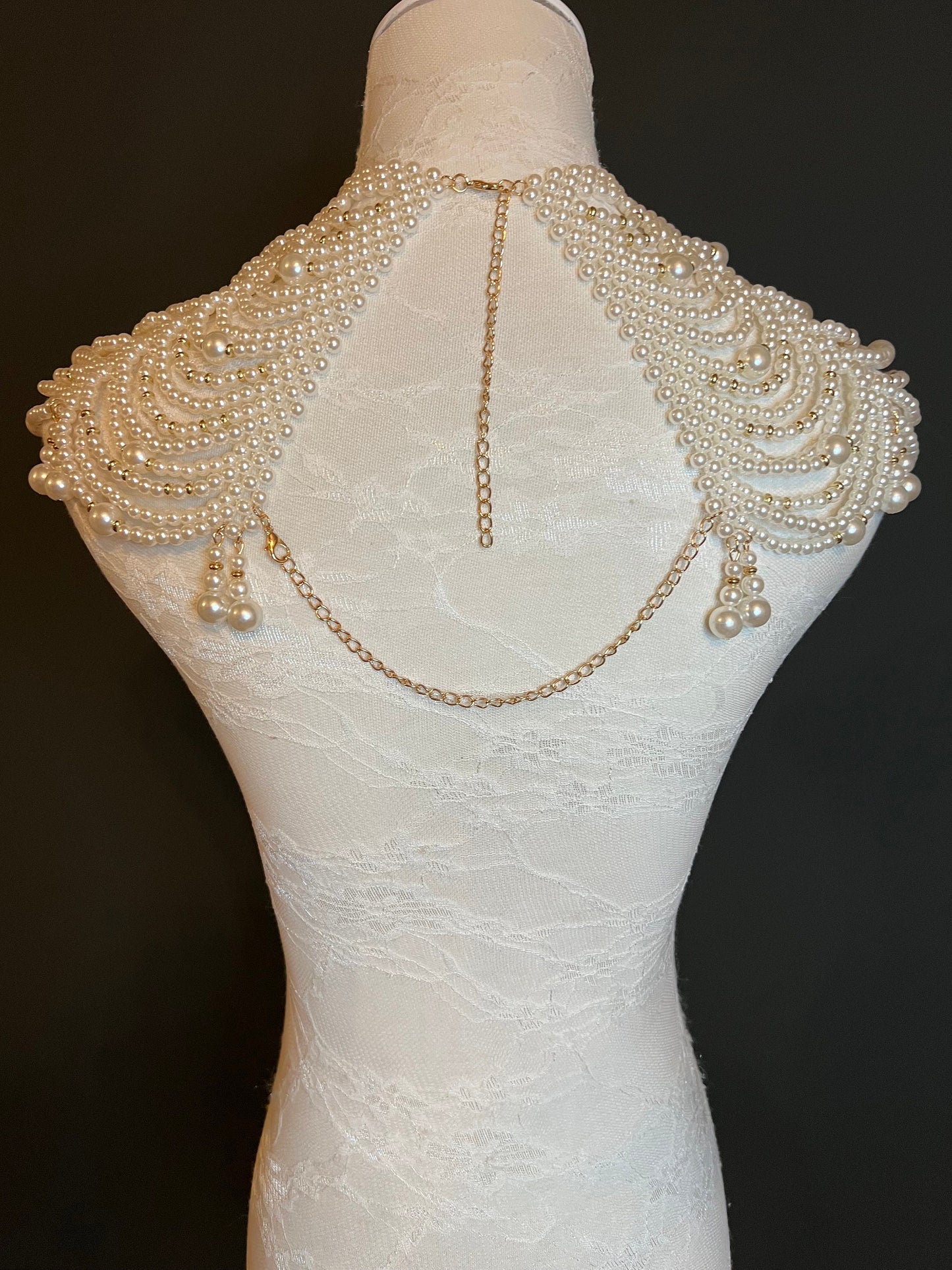 Pearl shoulder chain body jewellery, bridal, ivory, pearls, wedding, Pearl shoulder chain body pearls, gold beads, UK Sizes 6-12