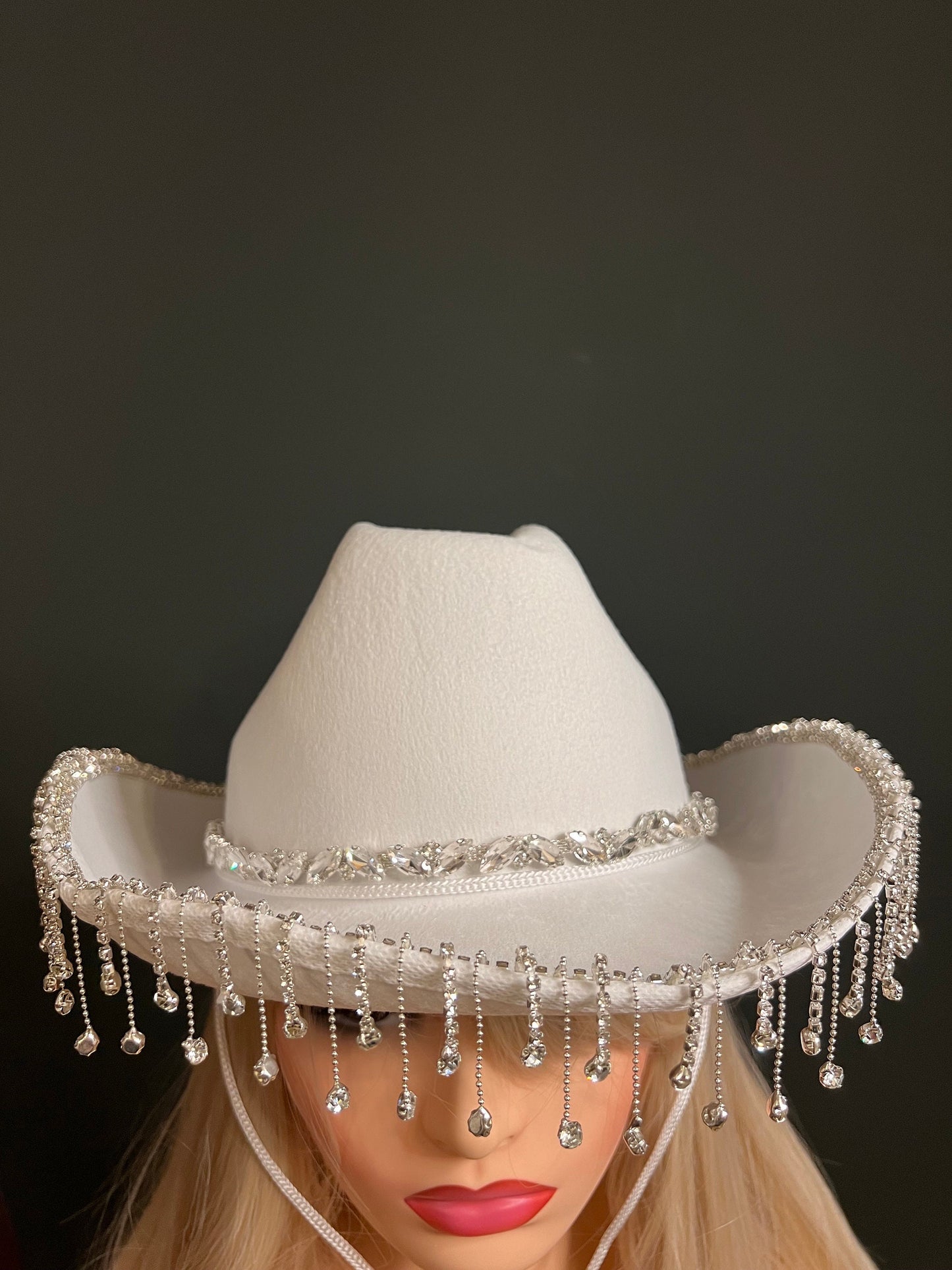 Rhinestone Hat, Fringe Hat, Hen, Party, Cowboy Hat, Pink White