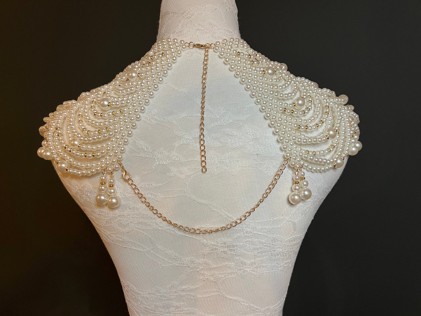 Pearl shoulder chain body jewellery, bridal, ivory, pearls, wedding, Pearl shoulder chain body pearls, gold beads, UK Sizes 6-12