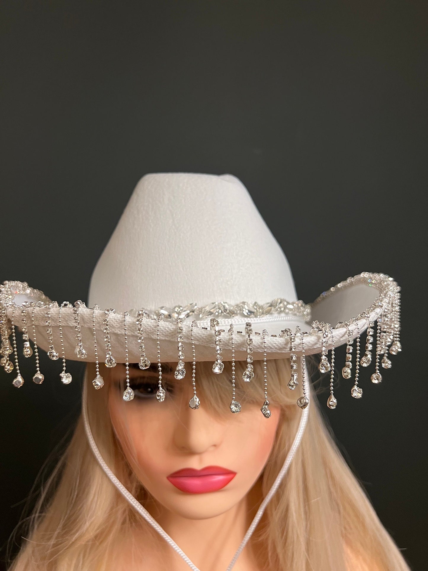 Rhinestone Hat, Fringe Hat, Hen, Party, Cowboy Hat, Pink White