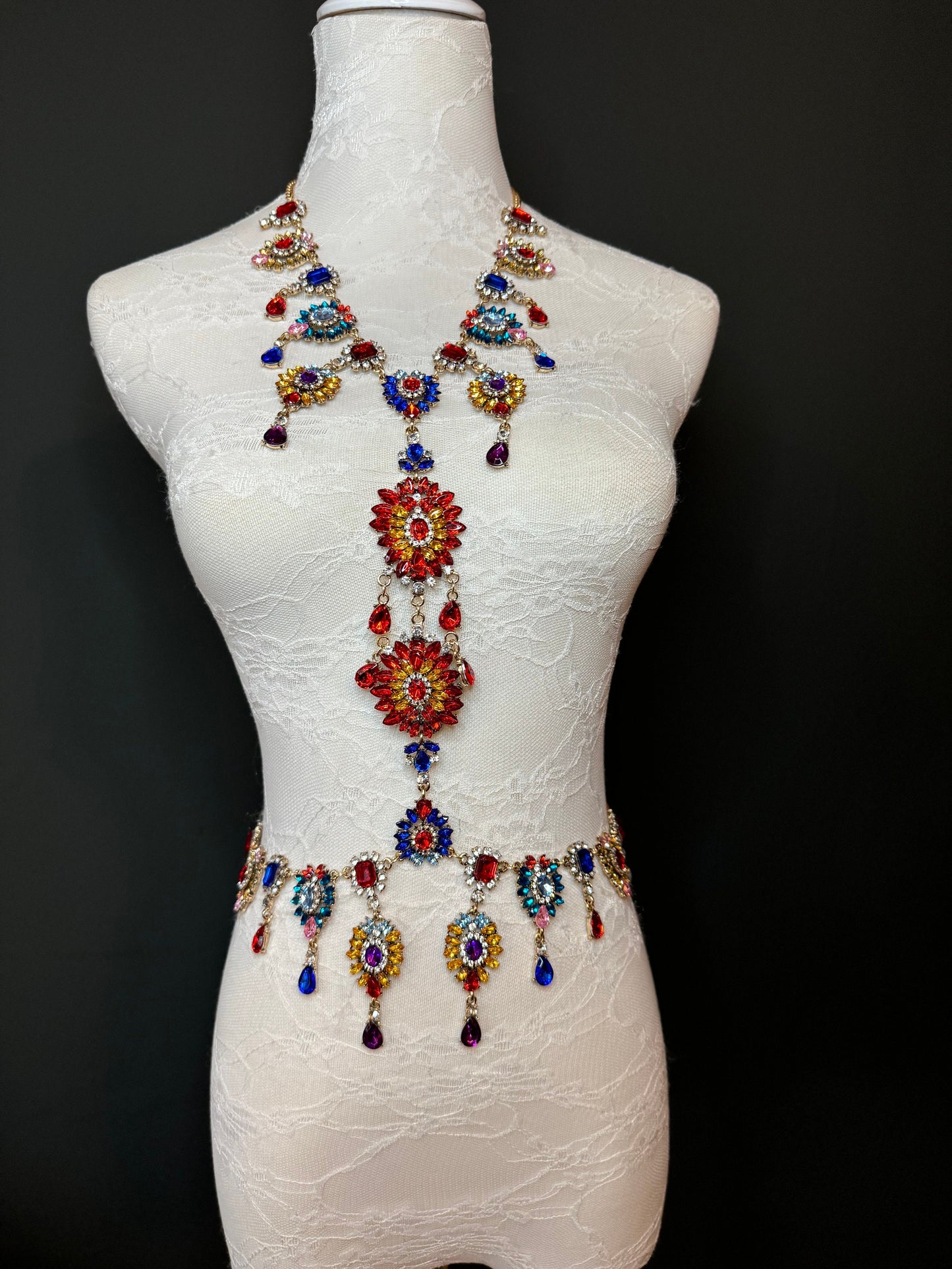 Multicolour Rhinestone Body Chain,  Elegant Costume Jewellery, FAN Design