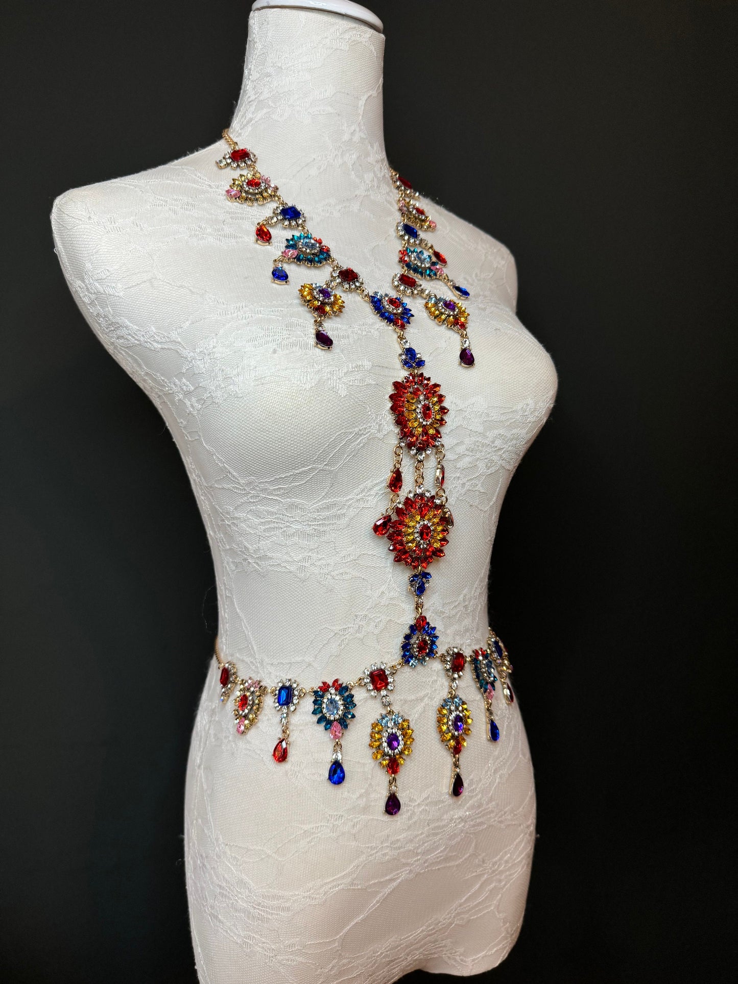 Multicolour Rhinestone Body Chain,  Elegant Costume Jewellery, FAN Design