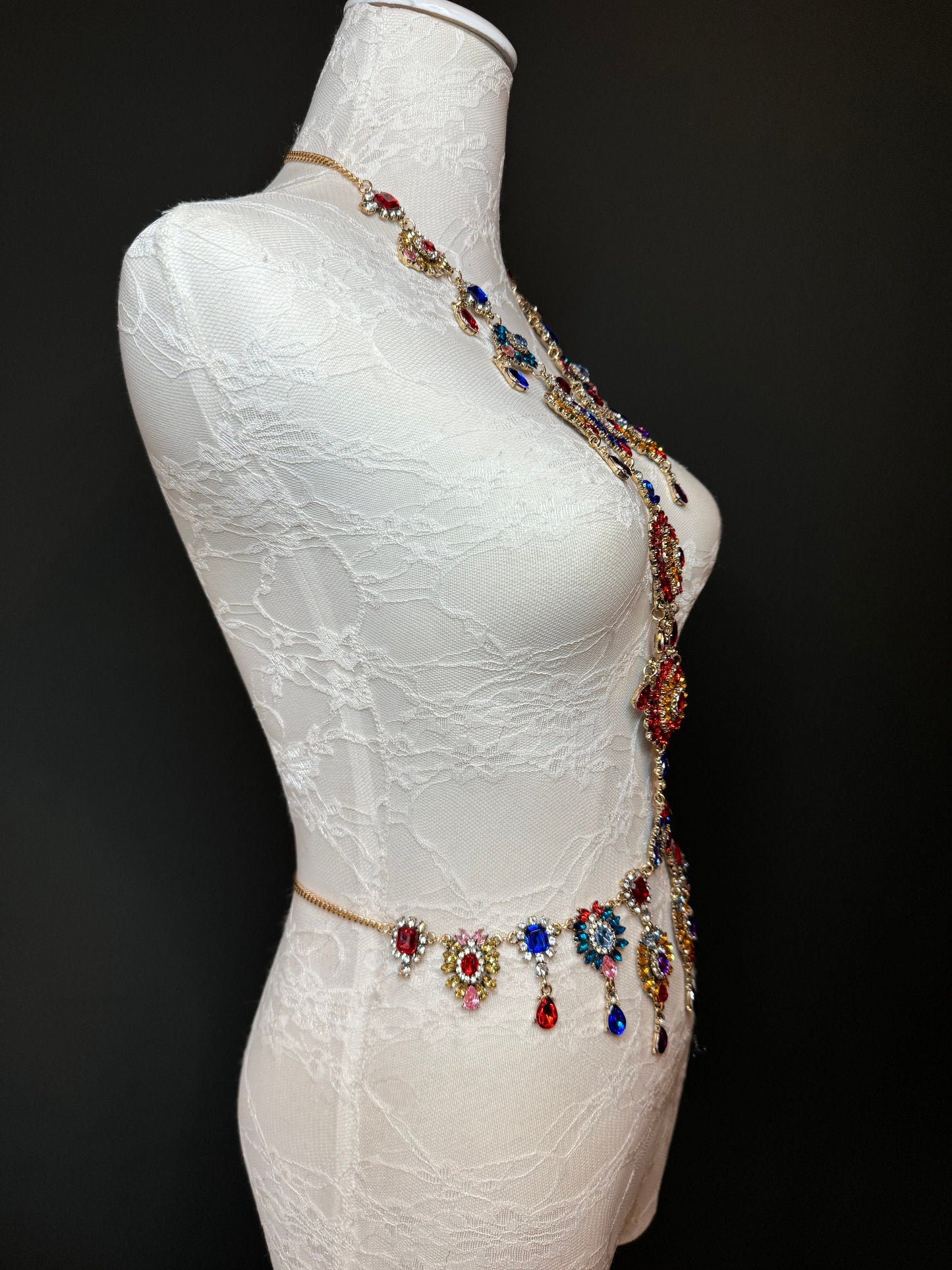 Multicolour Rhinestone Body Chain,  Elegant Costume Jewellery, FAN Design
