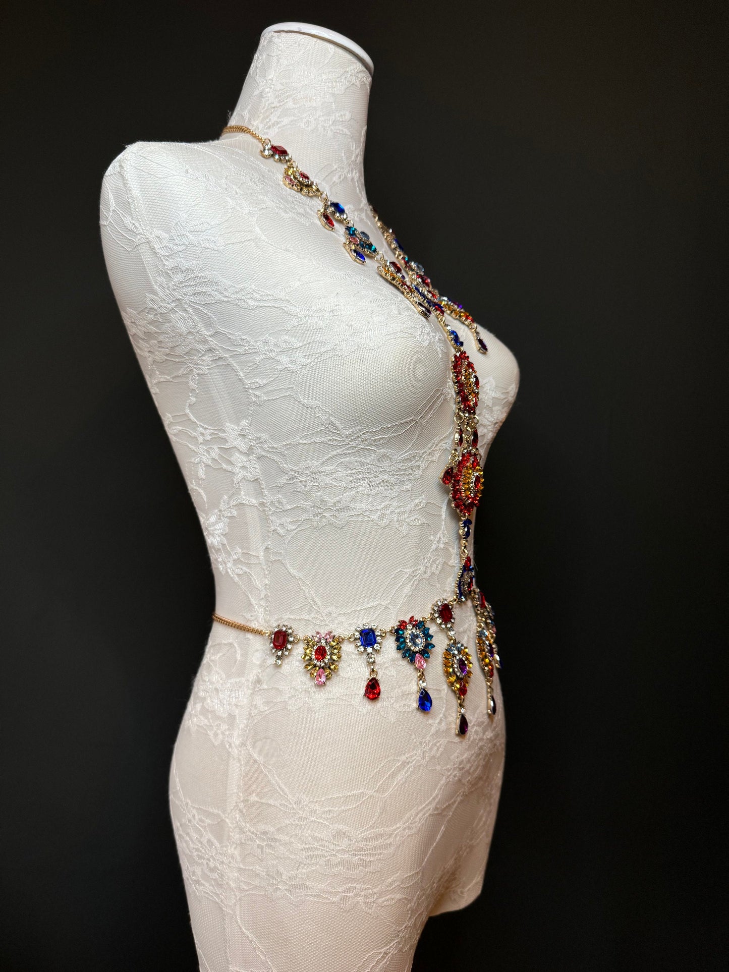 Multicolour Rhinestone Body Chain,  Elegant Costume Jewellery, FAN Design