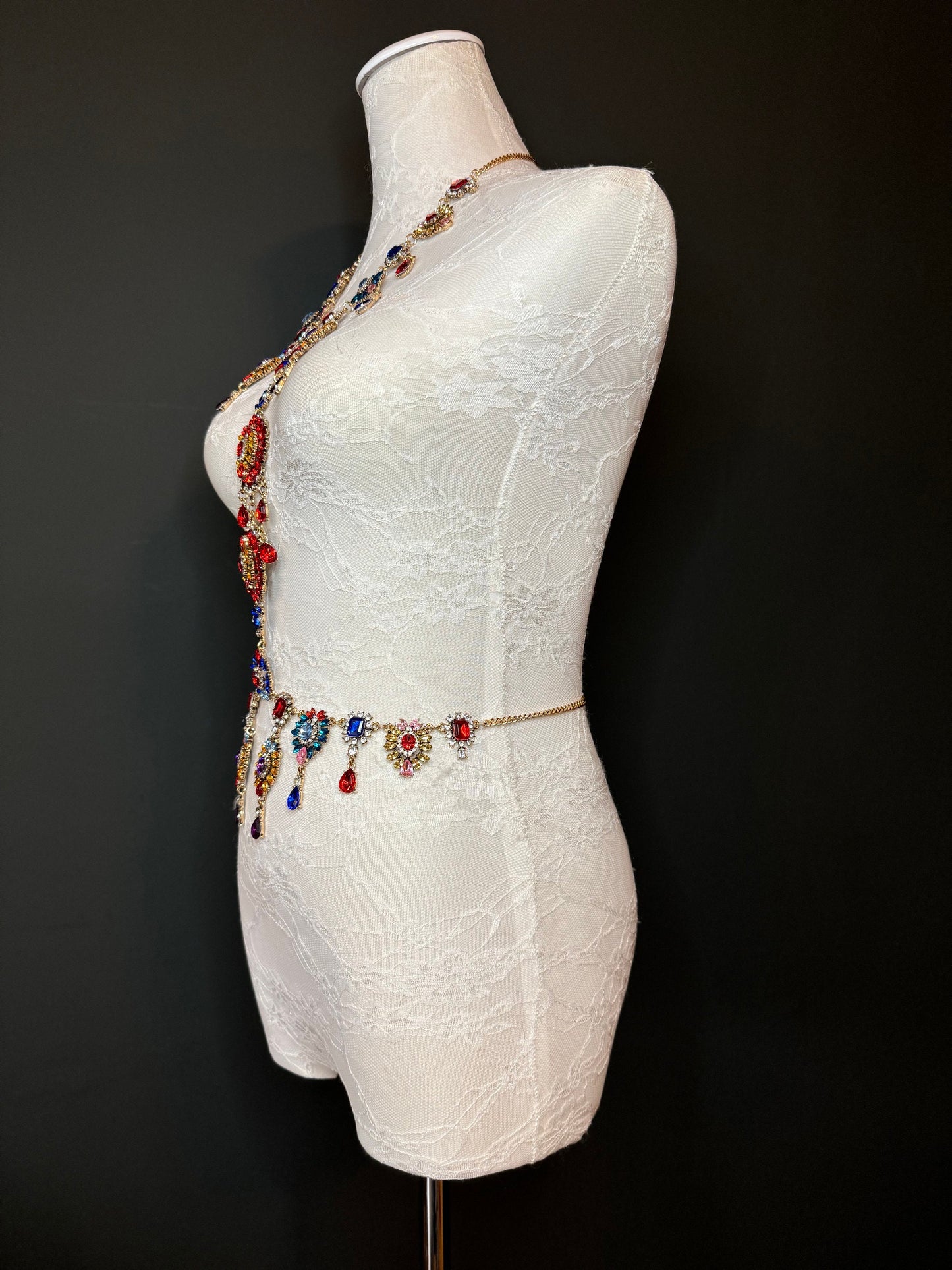 Multicolour Rhinestone Body Chain,  Elegant Costume Jewellery, FAN Design