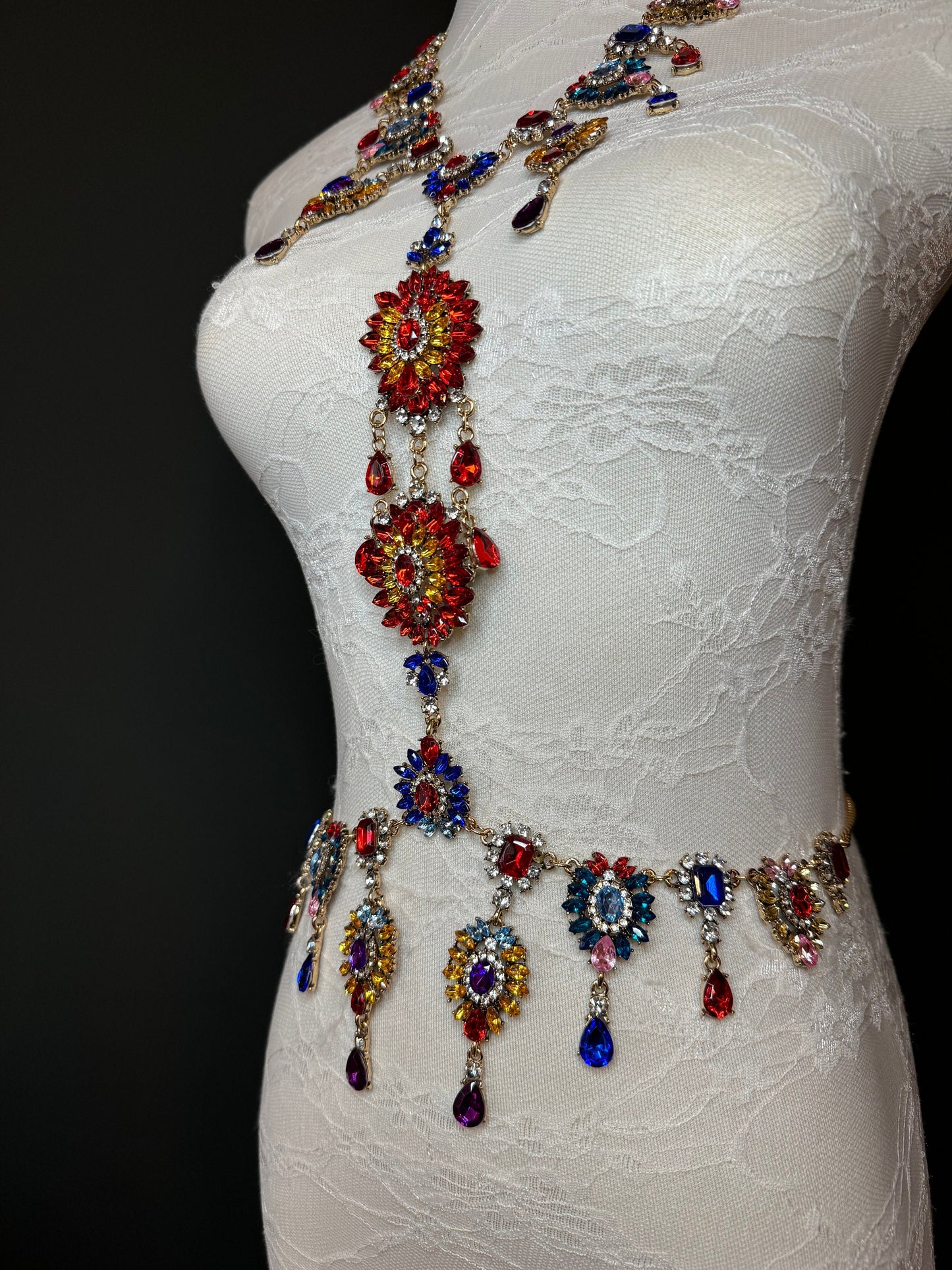 Multicolour Rhinestone Body Chain,  Elegant Costume Jewellery, FAN Design