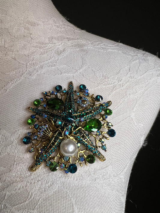 8cm Starfish Centre Rhinestone Pearl Brooch Pin, Green Teal Gold