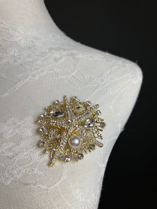 8cm Starfish Centre Rhinestone Pearl Brooch Pin, Gold