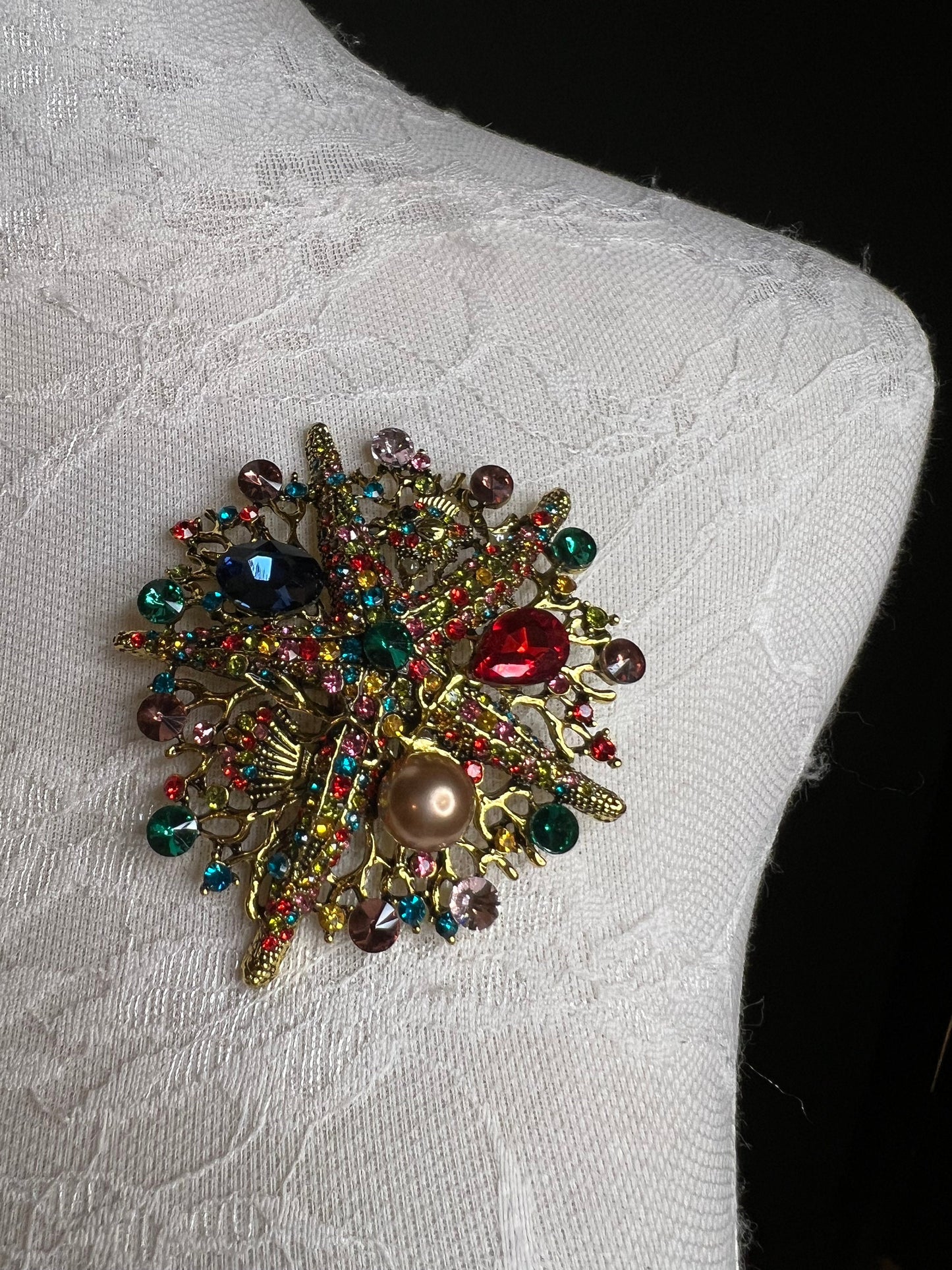 8cm Starfish Centre Rhinestone Pearl Brooch Pin, Silver