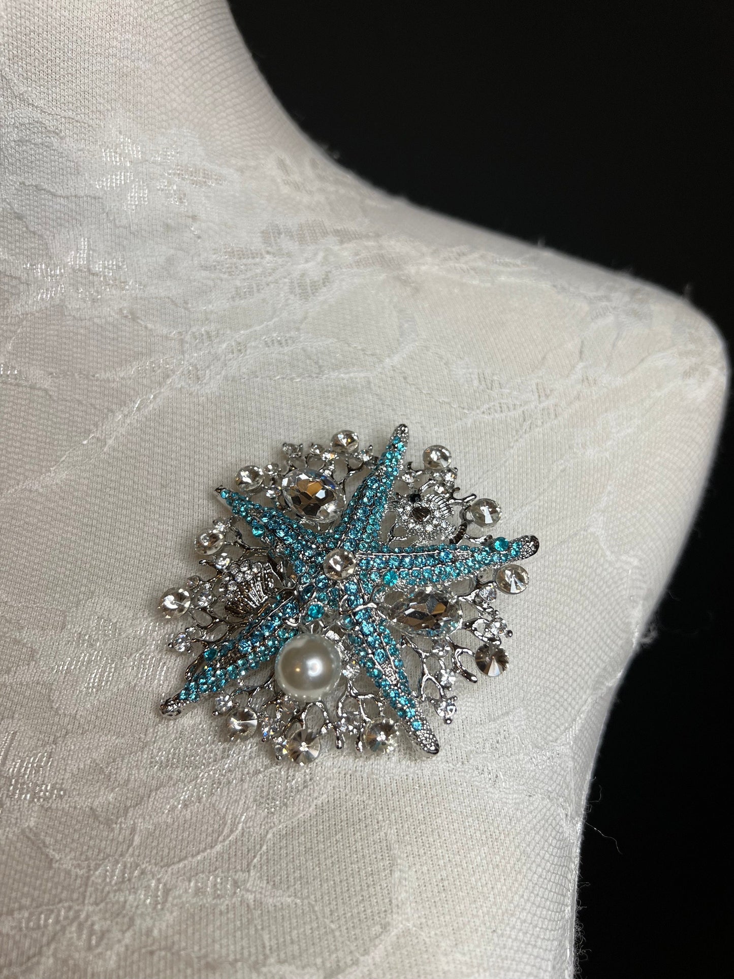 8cm Starfish Centre Rhinestone Pearl Brooch Pin, Green, Teal, Gold, Stunning Brooch, Gift, Elegant, Brooch