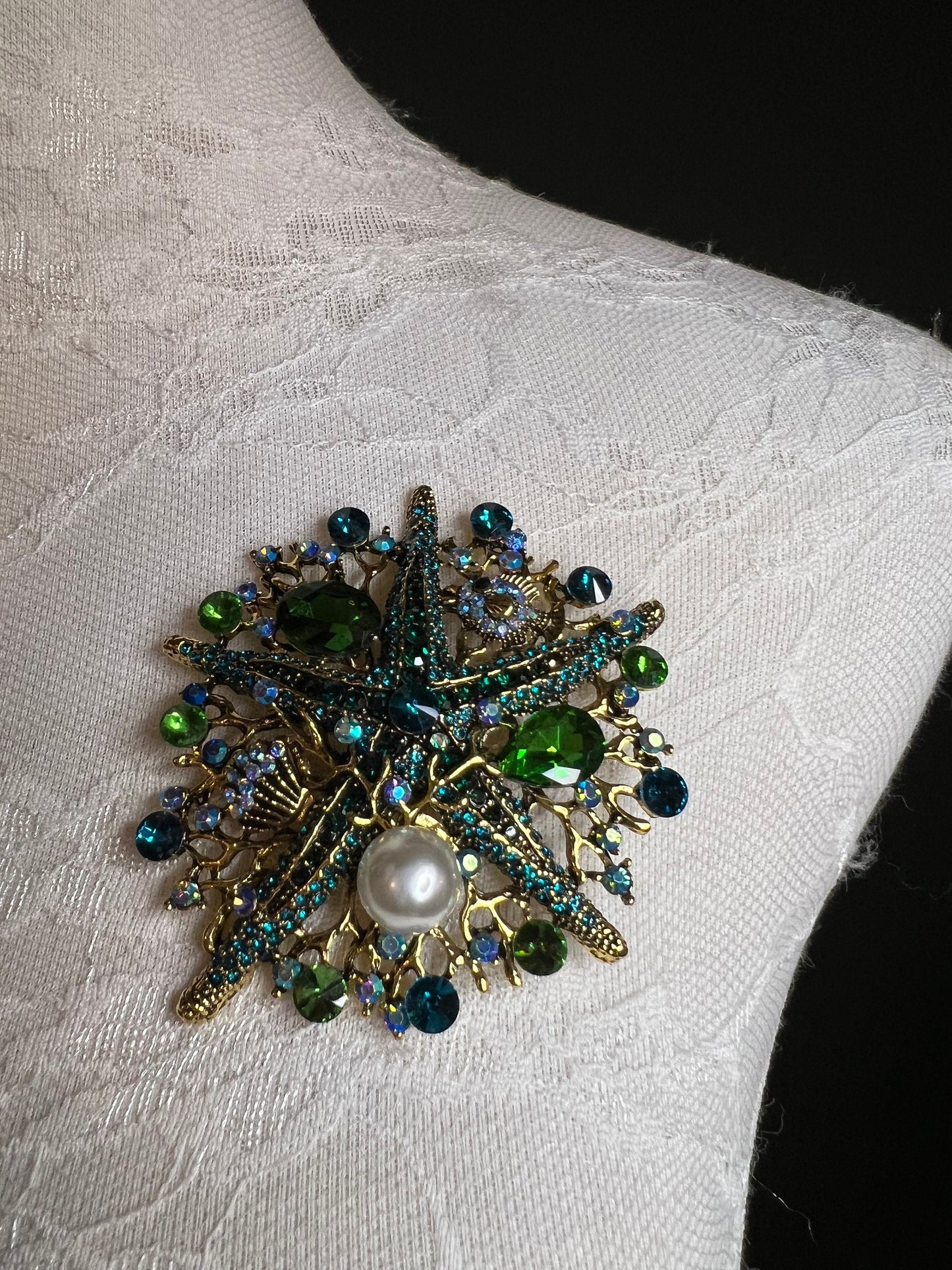 8cm Starfish Centre Rhinestone Pearl Brooch Pin, Silver