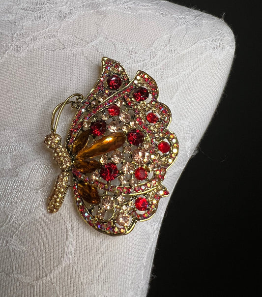Red & Gold Butterfly Brooch Pin: Colorful Jacket Brooch (3”x2.5”)
