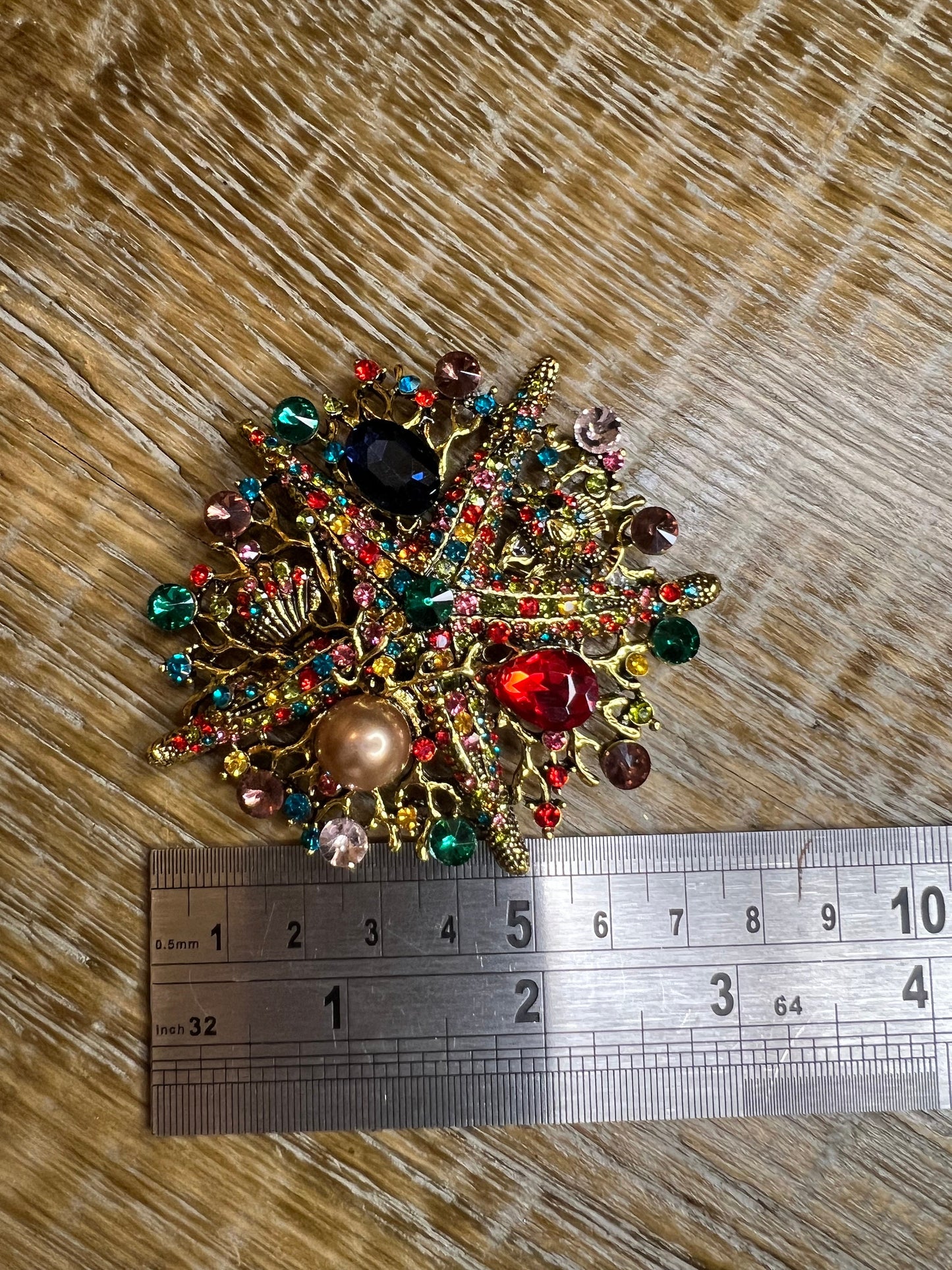 8cm Starfish Centre Rhinestone Pearl Brooch Pin, Red, Green, Gold