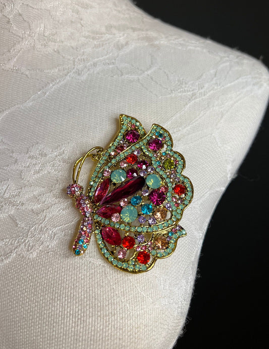 6cm Butterfly Brooch Pin, Pink and Mint, Gold Base, Stunning Brooch, Gift, Fan design