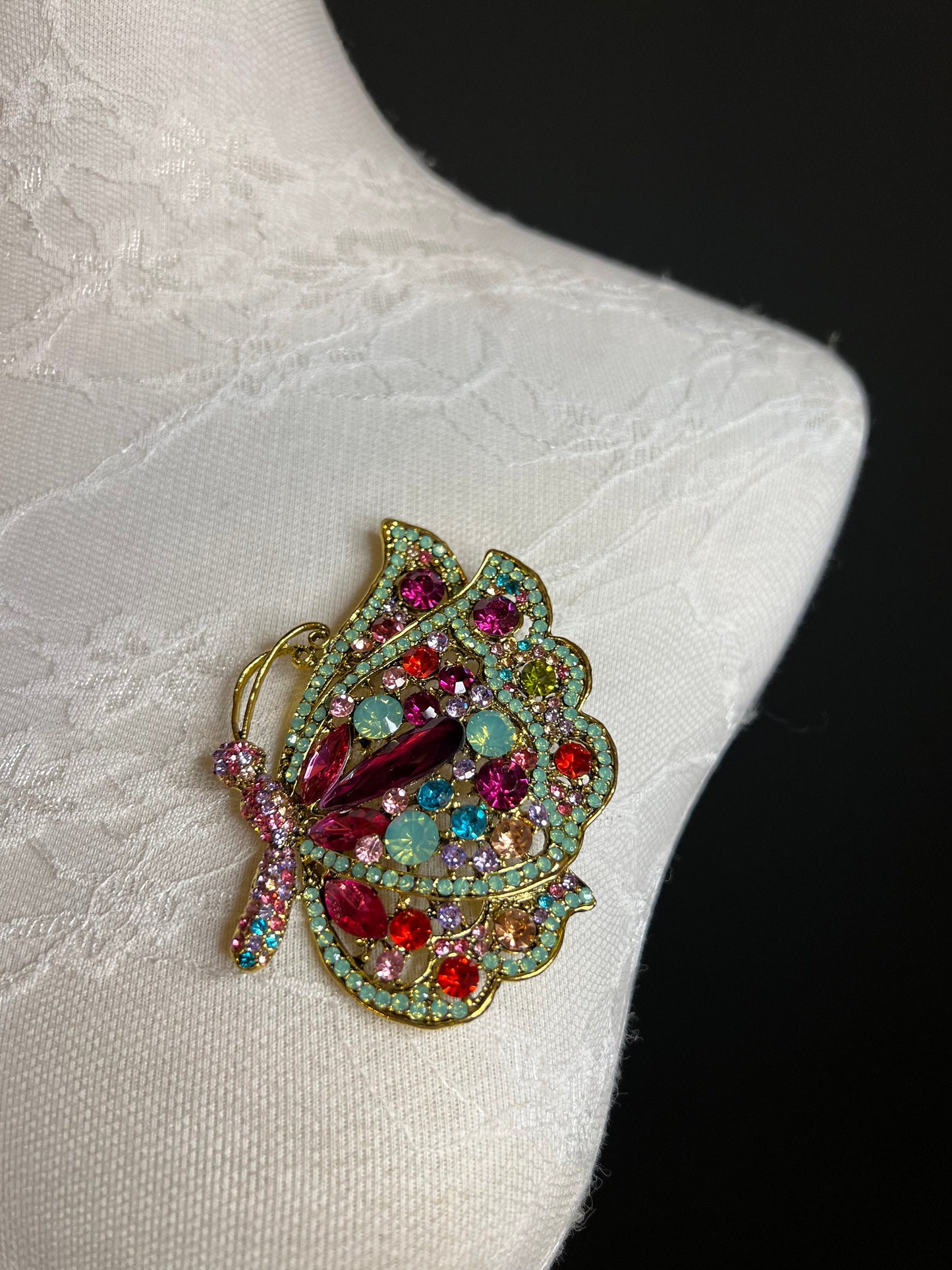Red & Gold Butterfly Brooch Pin: Colorful Jacket Brooch (3”x2.5”)