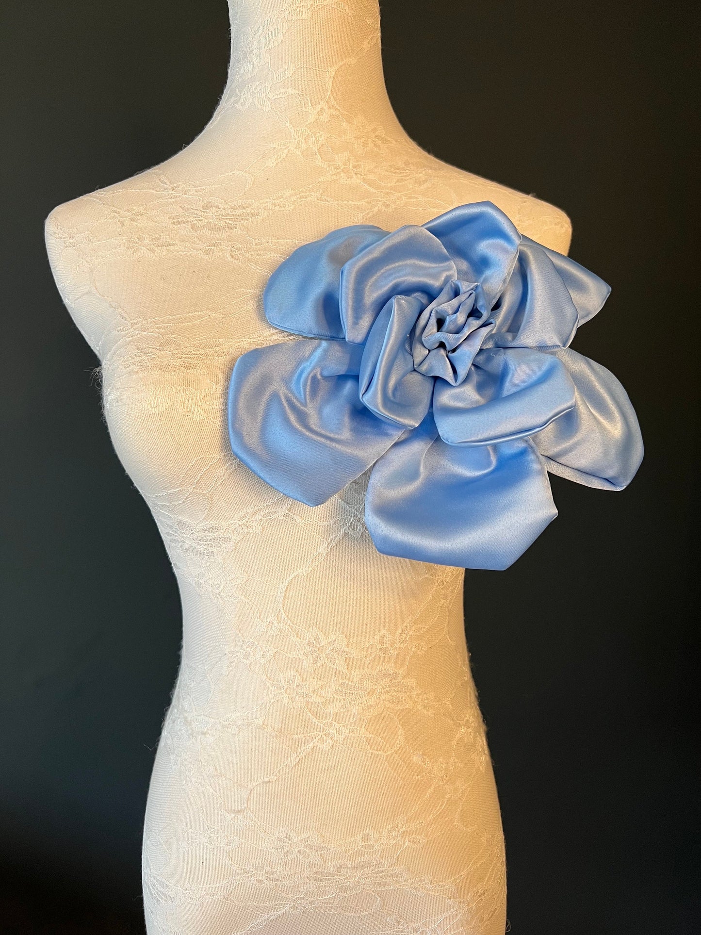 Large 3D Corsage Flower, Blue, 9” Wide, 27cm, Pin on Corsage, Bridal, Clothing, Dress, Hat, Accessory, FAN Design