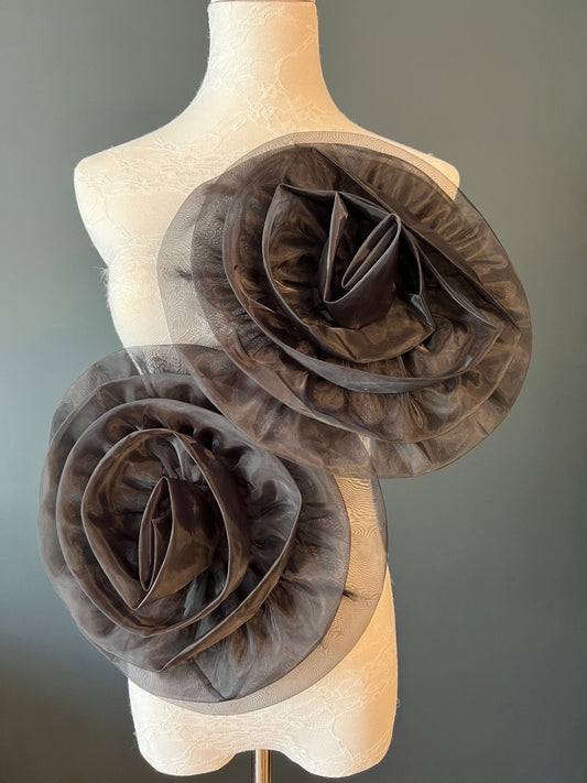 Large 3D Corsage Flower, Black, 12” Wide, Pin on Corsage, Bridal, Clothing, Dress, Hat, Accessory, FAN Design