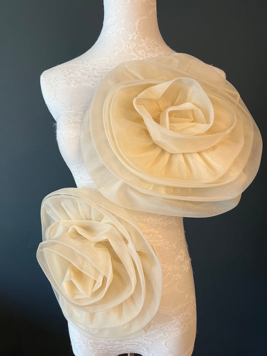 Large 3D Corsage Flower, Beige, 11” Wide, Pin on Corsage, Bridal, Clothing, Dress, Hat, Accessory, FAN Design
