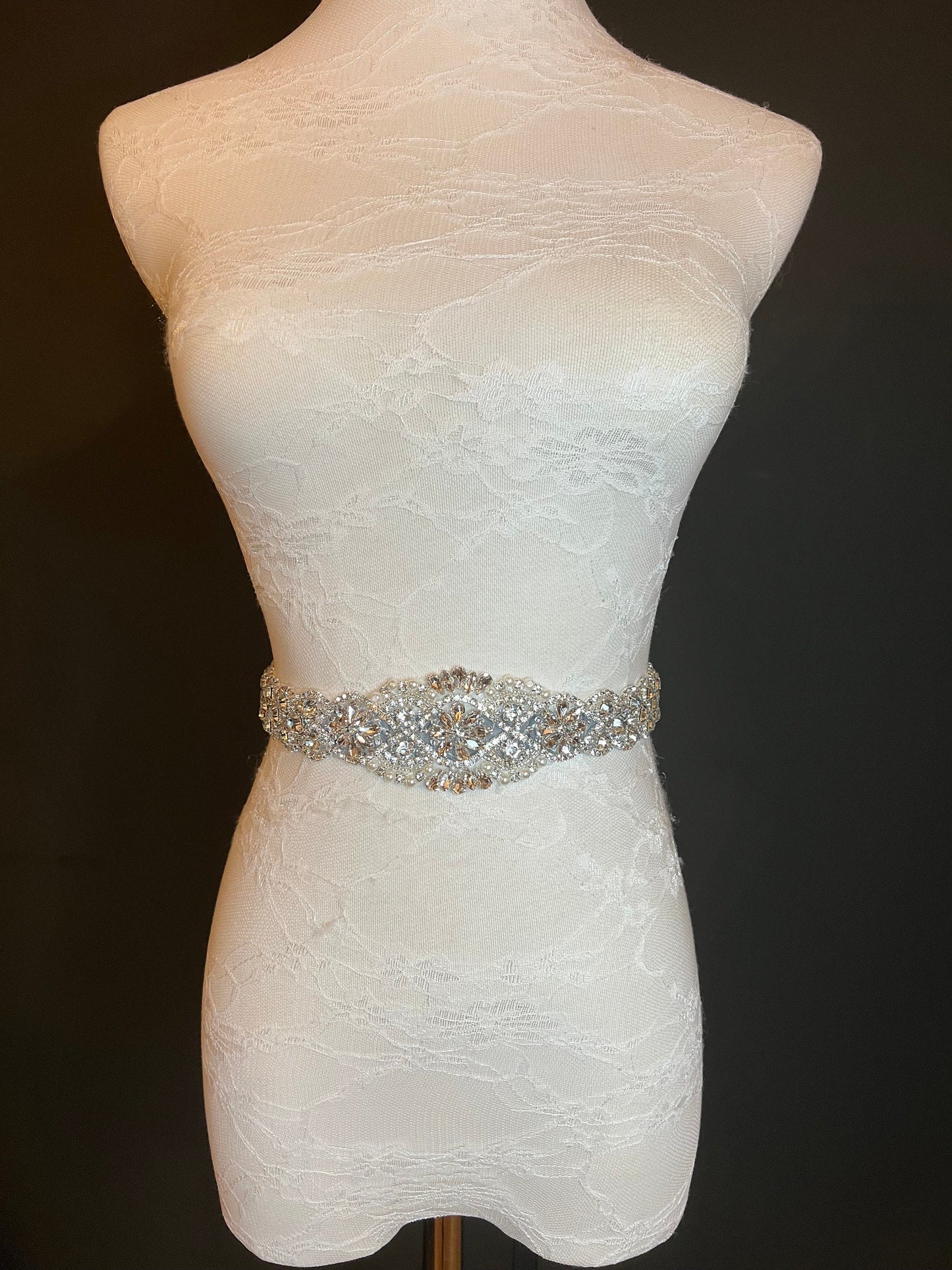 Crystal Rhinestone Wedding Belt, Silver Base, Black Ribbon Sash