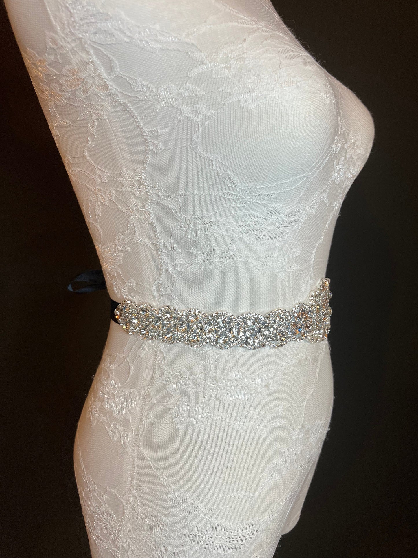 Crystal Rhinestone Wedding Belt, Silver Base, Black Ribbon Sash