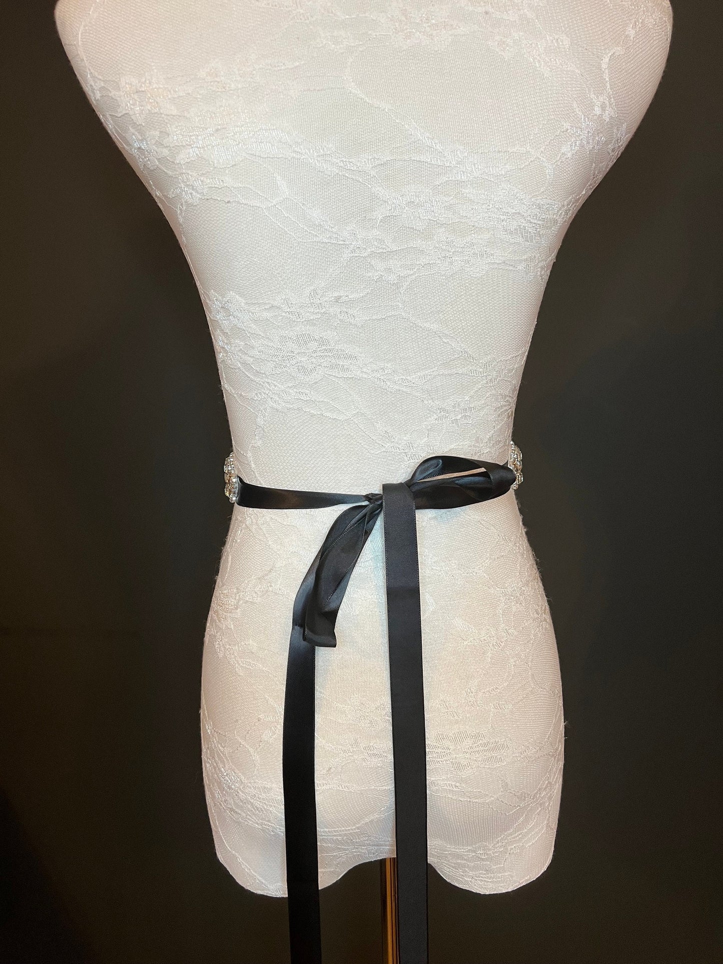 Crystal Rhinestone Wedding Belt, Silver Base, Black Ribbon Sash