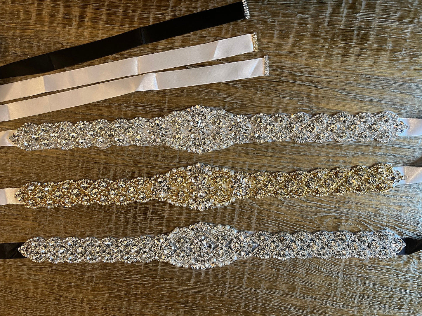 Crystal Rhinestone Wedding Belt, Silver Base, Black Ribbon Sash