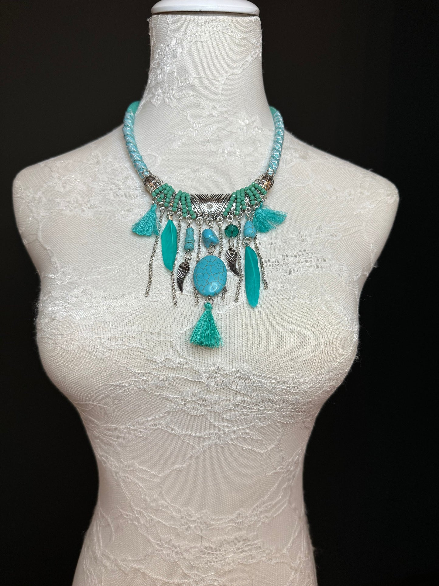 Turquoise Necklace, Boho Style Necklace, Beaded, Tassel, Chain, Handmade, Silver, Turquoise, Black, Brown, Cream, Gift, FAN Design, Festival
