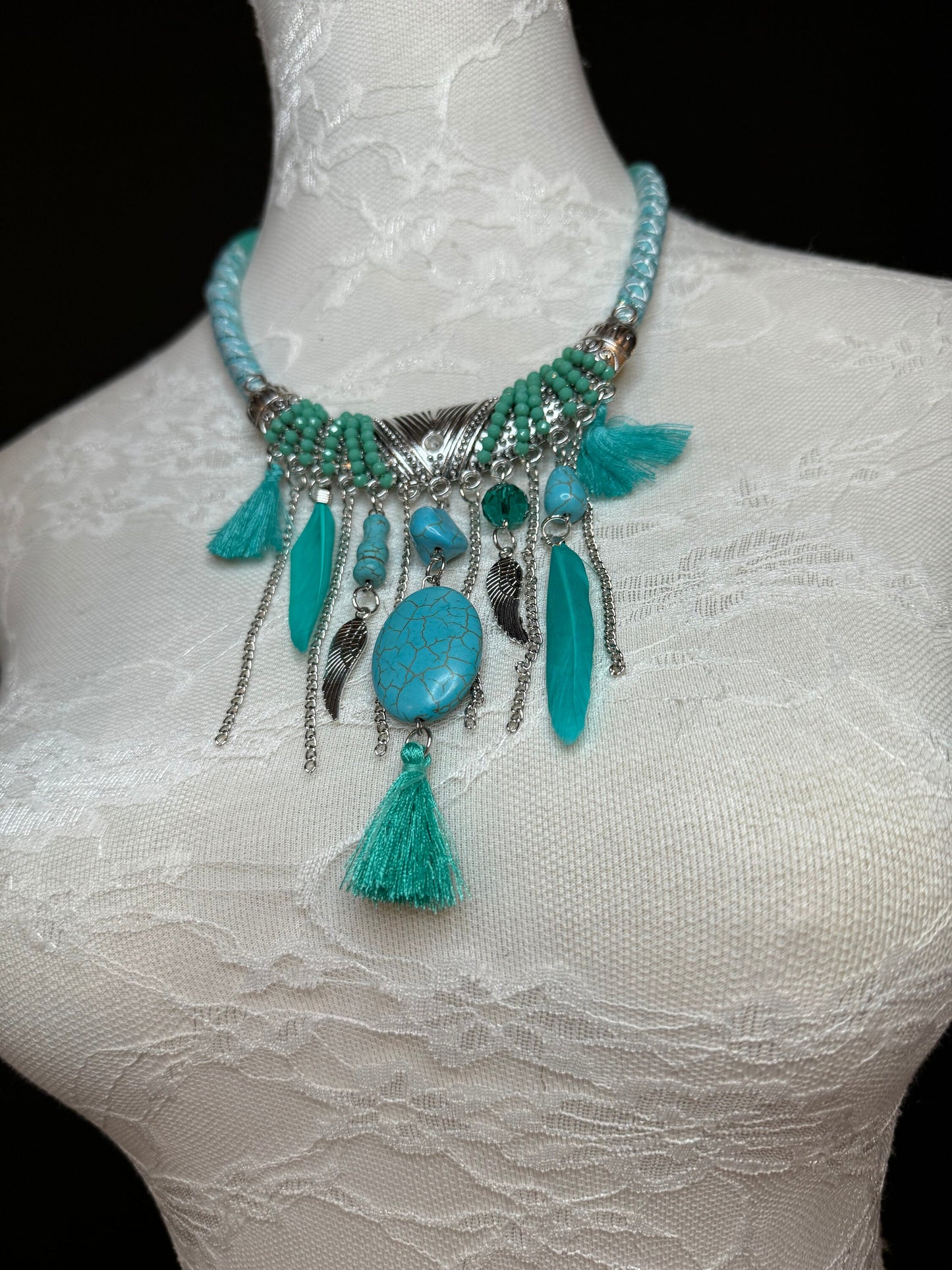 Turquoise Necklace, Boho Style Necklace, Beaded, Tassel, Chain, Handmade, Silver, Turquoise, Black, Brown, Cream, Gift, FAN Design, Festival