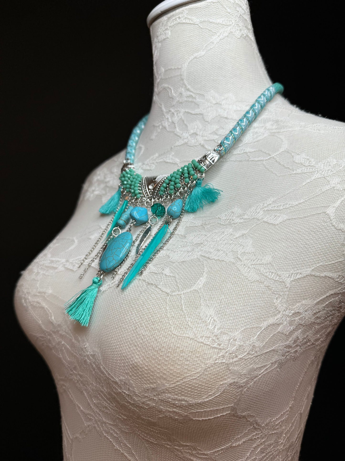 Turquoise Necklace, Boho Style Necklace, Beaded, Tassel, Chain, Handmade, Silver, Turquoise, Black, Brown, Cream, Gift, FAN Design, Festival