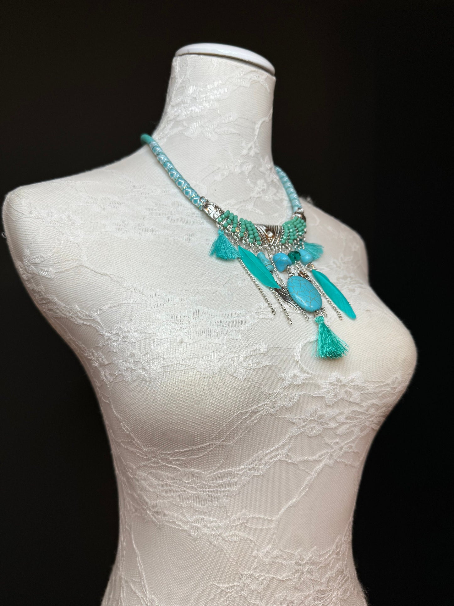 Turquoise Necklace, Boho Style Necklace, Beaded, Tassel, Chain, Handmade, Silver, Turquoise, Black, Brown, Cream, Gift, FAN Design, Festival