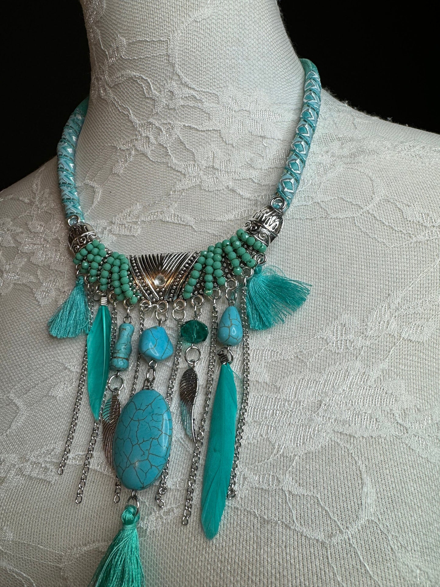 Turquoise Necklace, Boho Style Necklace, Beaded, Tassel, Chain, Handmade, Silver, Turquoise, Black, Brown, Cream, Gift, FAN Design, Festival