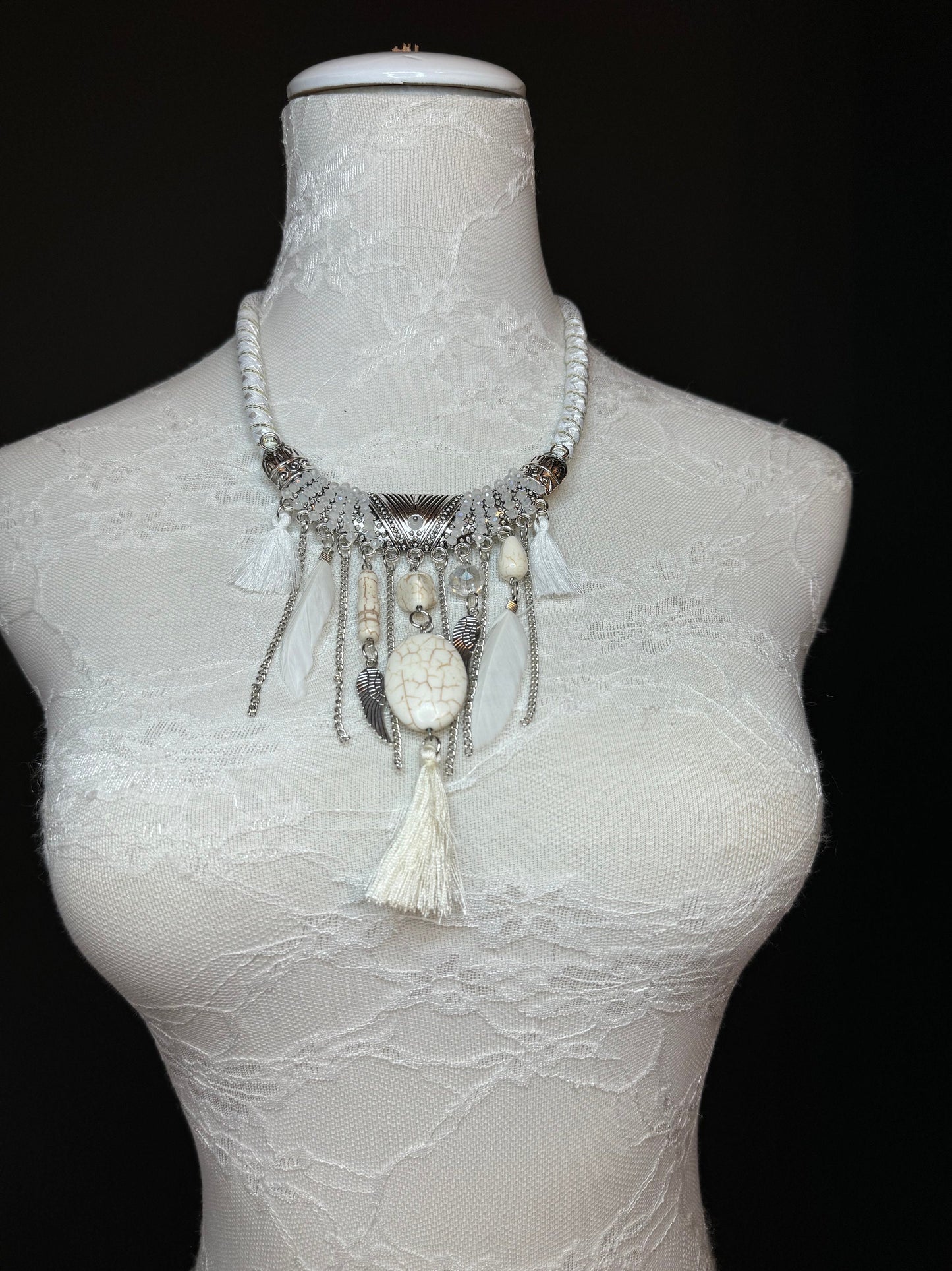 Turquoise Necklace, Boho Style Necklace, Beaded, Tassel, Chain, Handmade, Silver, Turquoise, Black, Brown, Cream, Gift, FAN Design, Festival