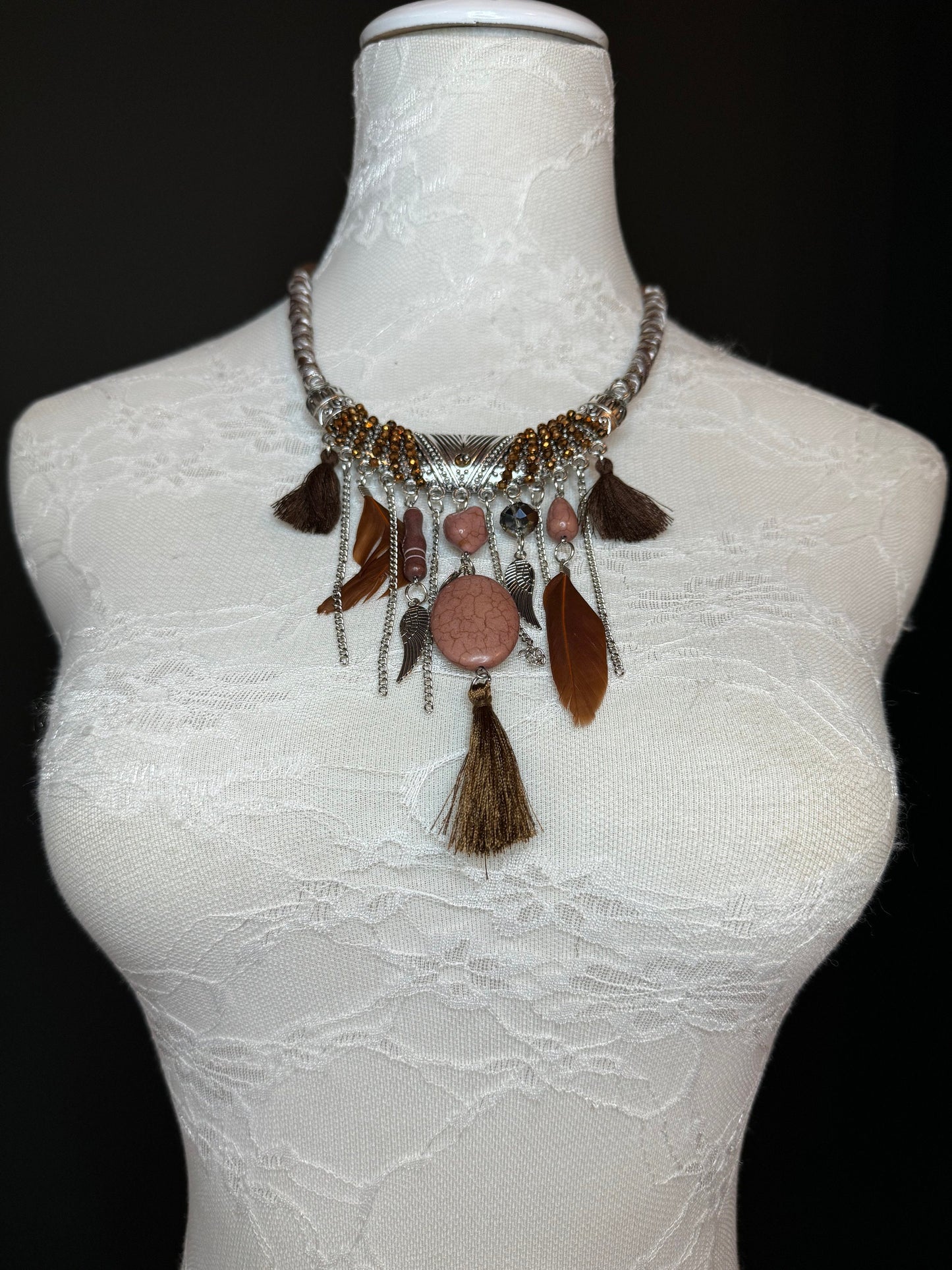 Turquoise Necklace, Boho Style Necklace, Beaded, Tassel, Chain, Handmade, Silver, Turquoise, Black, Brown, Cream, Gift, FAN Design, Festival