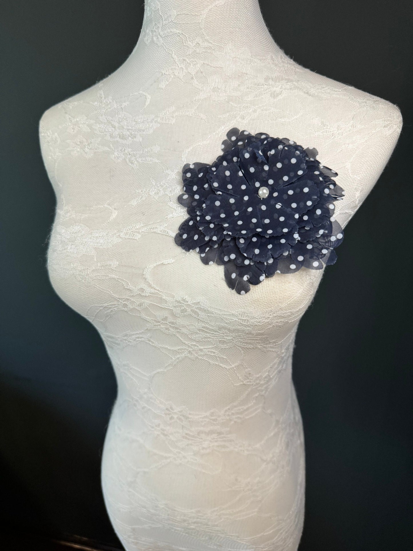 Navy Polka Dot Corsage Pin, Pearl Detail, 5" Fabric Flower
