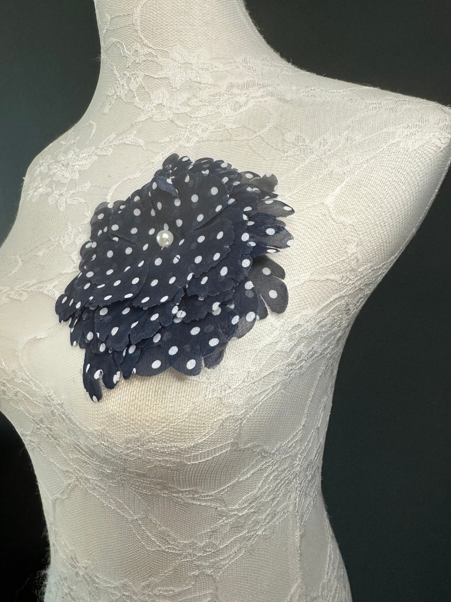 Navy Polka Dot Corsage Pin, Pearl Detail, 5" Fabric Flower
